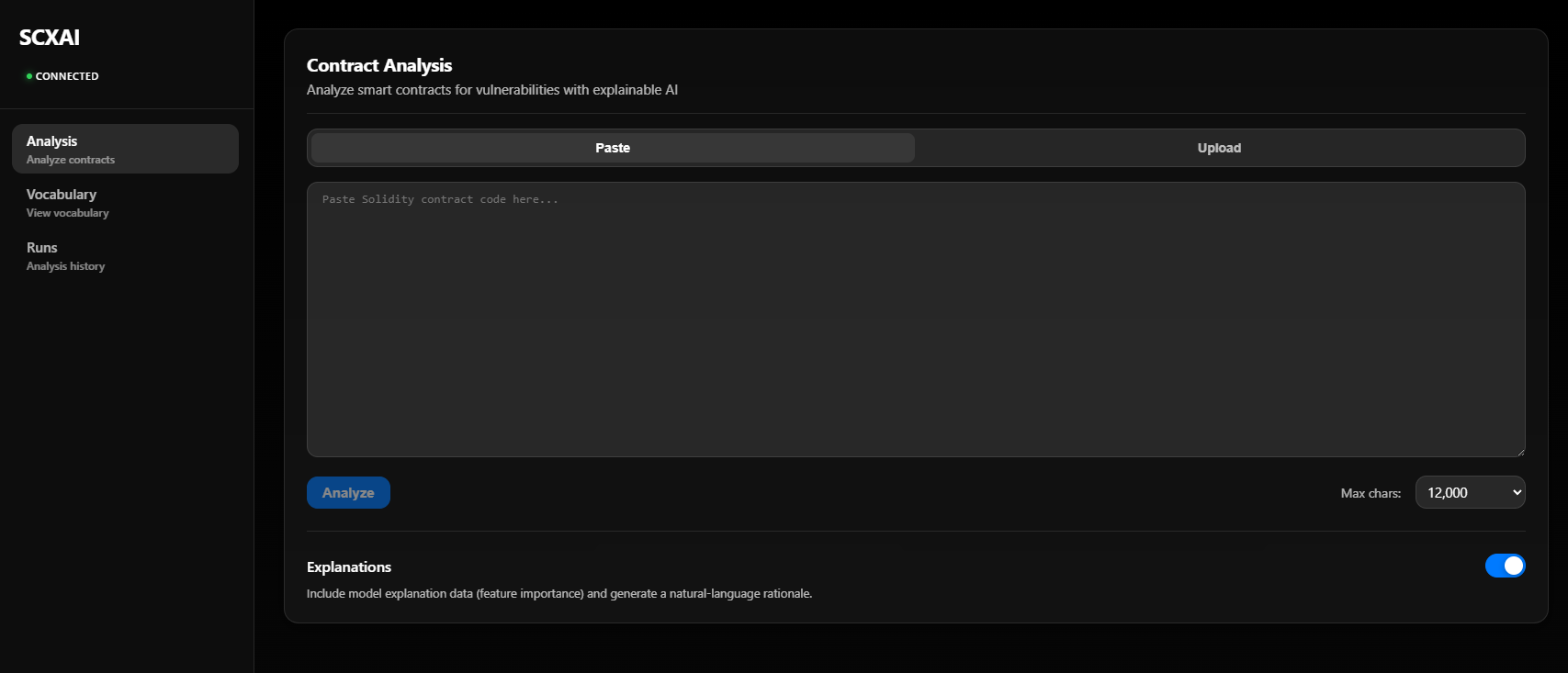 Contract Analysis page - paste/upload and options